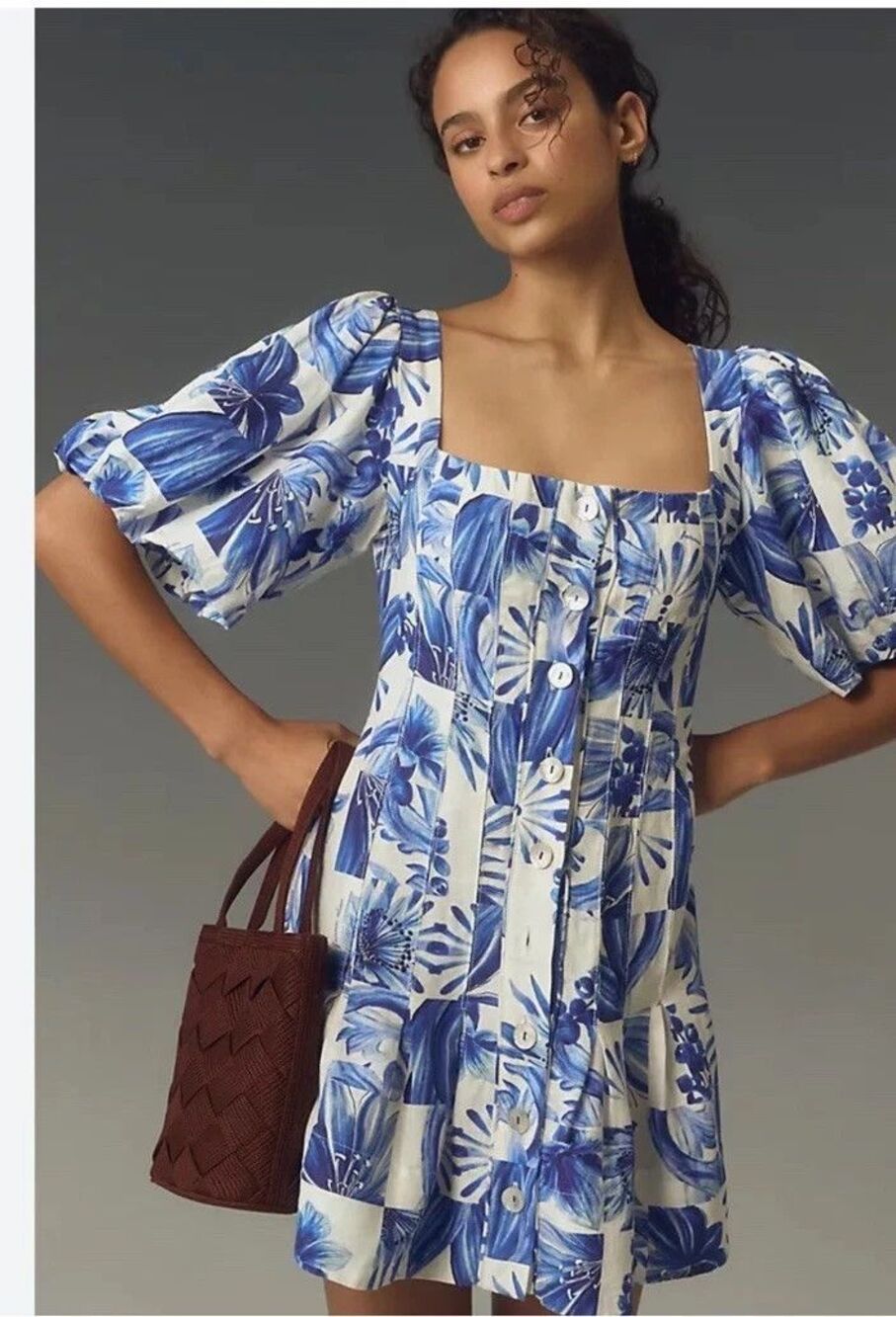 Caroline Constas womens White & Blue Garden Tile Linen Short Mini Dress size 2